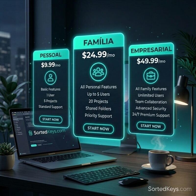 Três cartões digitais brilhantes a flutuar que representam diferentes níveis de assinatura (Pessoal, Família, Empresarial), pairando sobre uma secretária moderna com um portátil e café. A palavra 'SortedKeys.com' está visível.
