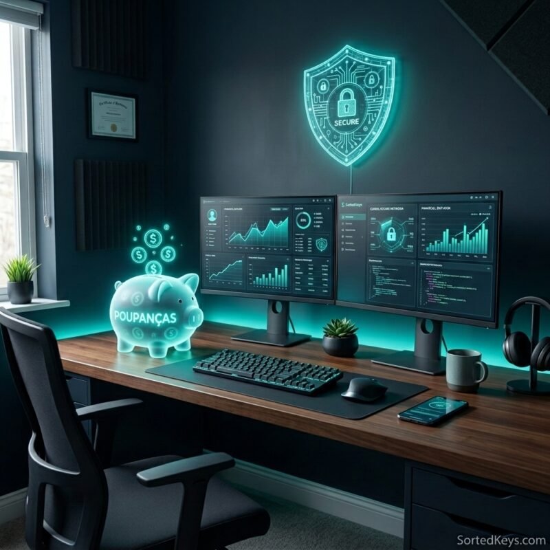 Uma configuração de secretária de escritório em casa moderna e minimalista, com dois monitores, um mealheiro brilhante que representa poupanças e um escudo digital a pairar por perto. O texto 'SortedKeys.com' é visível.