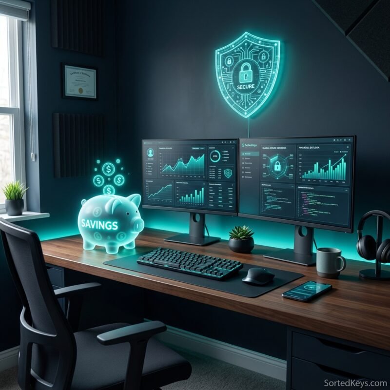 A modern, minimalist home office desk setup with a sleek dual-monitor workspace, a glowing piggy bank representing savings, and a digital shield hovering nearby. The text 'SortedKeys.com' is visible.