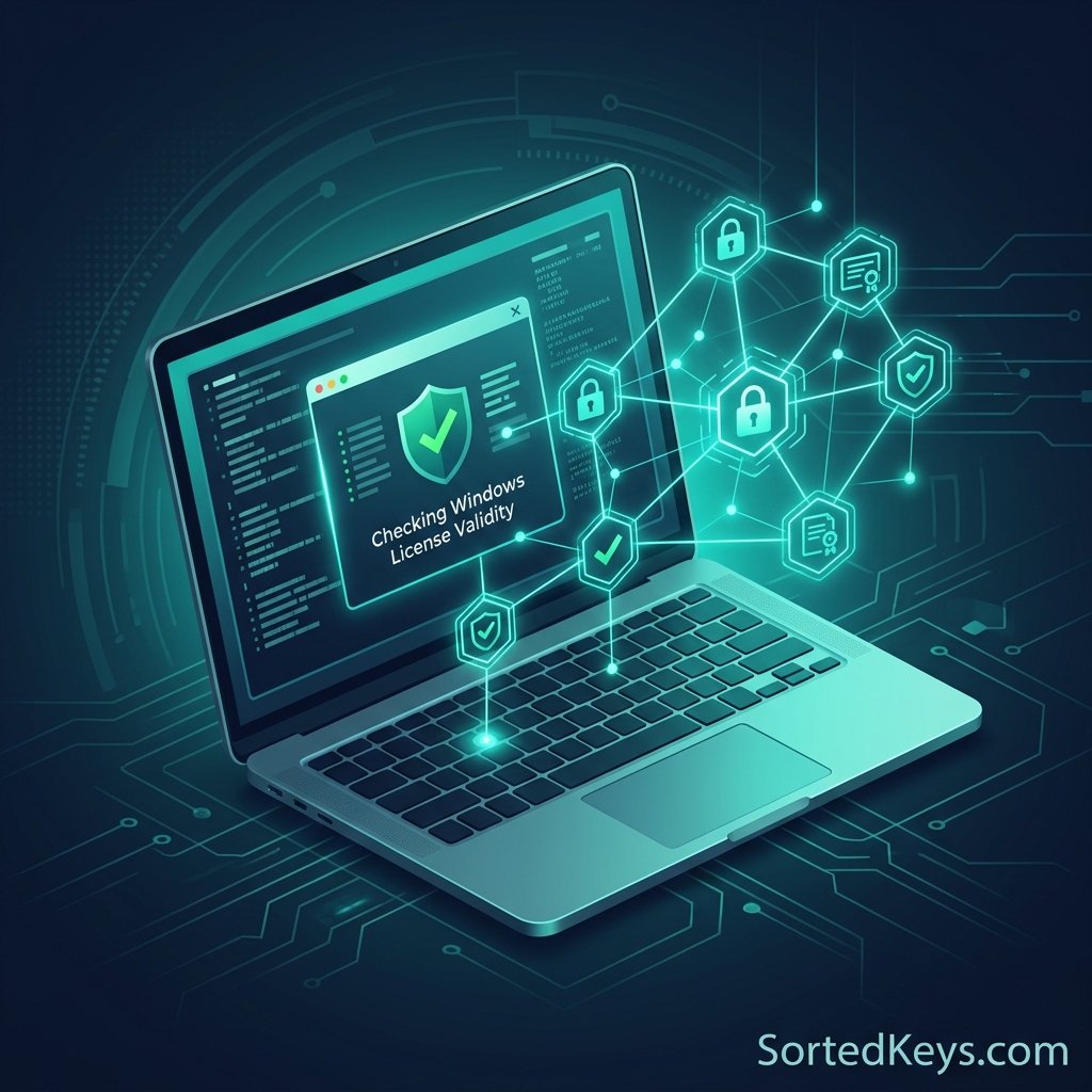 A stylized laptop checking Windows license validity with green security nodes.