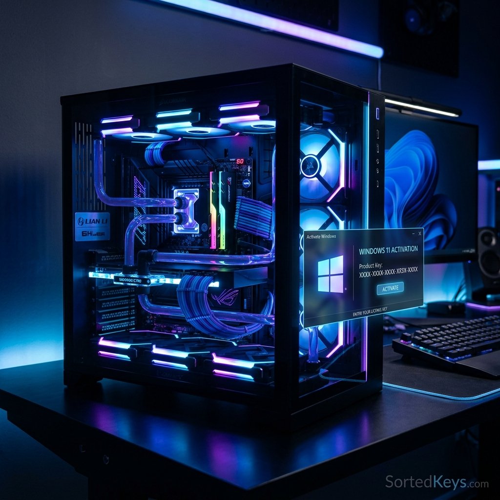 En high-end selvbygget gaming-pc med lysende interne komponenter og en digital Windows 11-aktiveringsnøglegrænseflade.