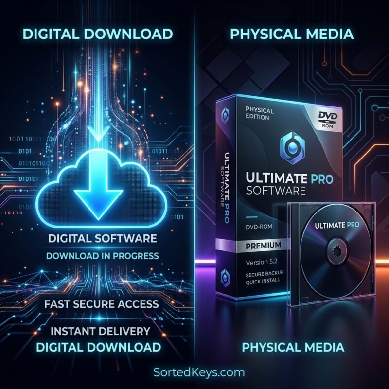 A side-by-side comparison showing a glowing digital download cloud icon next to a physical retail software box and CD.