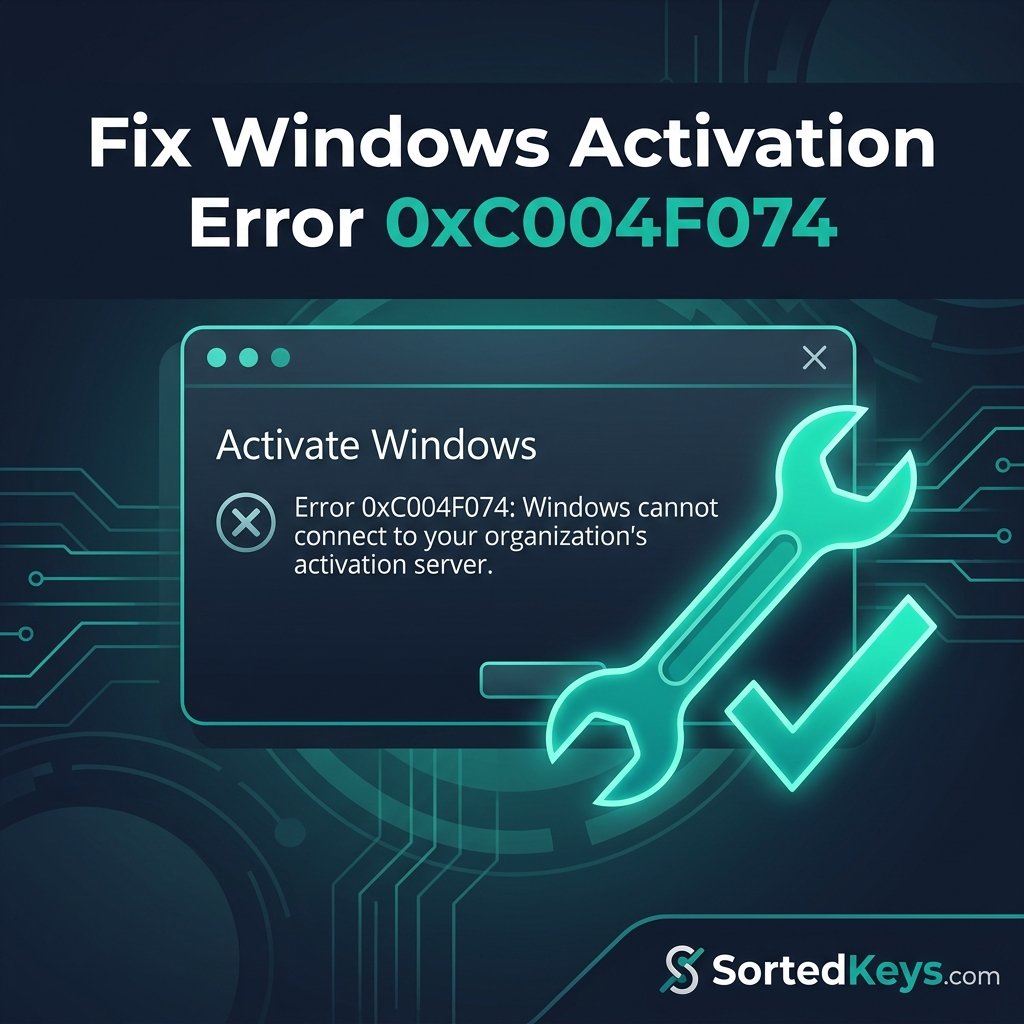 Gloeiende groene moersleutel die het foutscherm van Windows activeringsfout 0xC004F074 repareert.