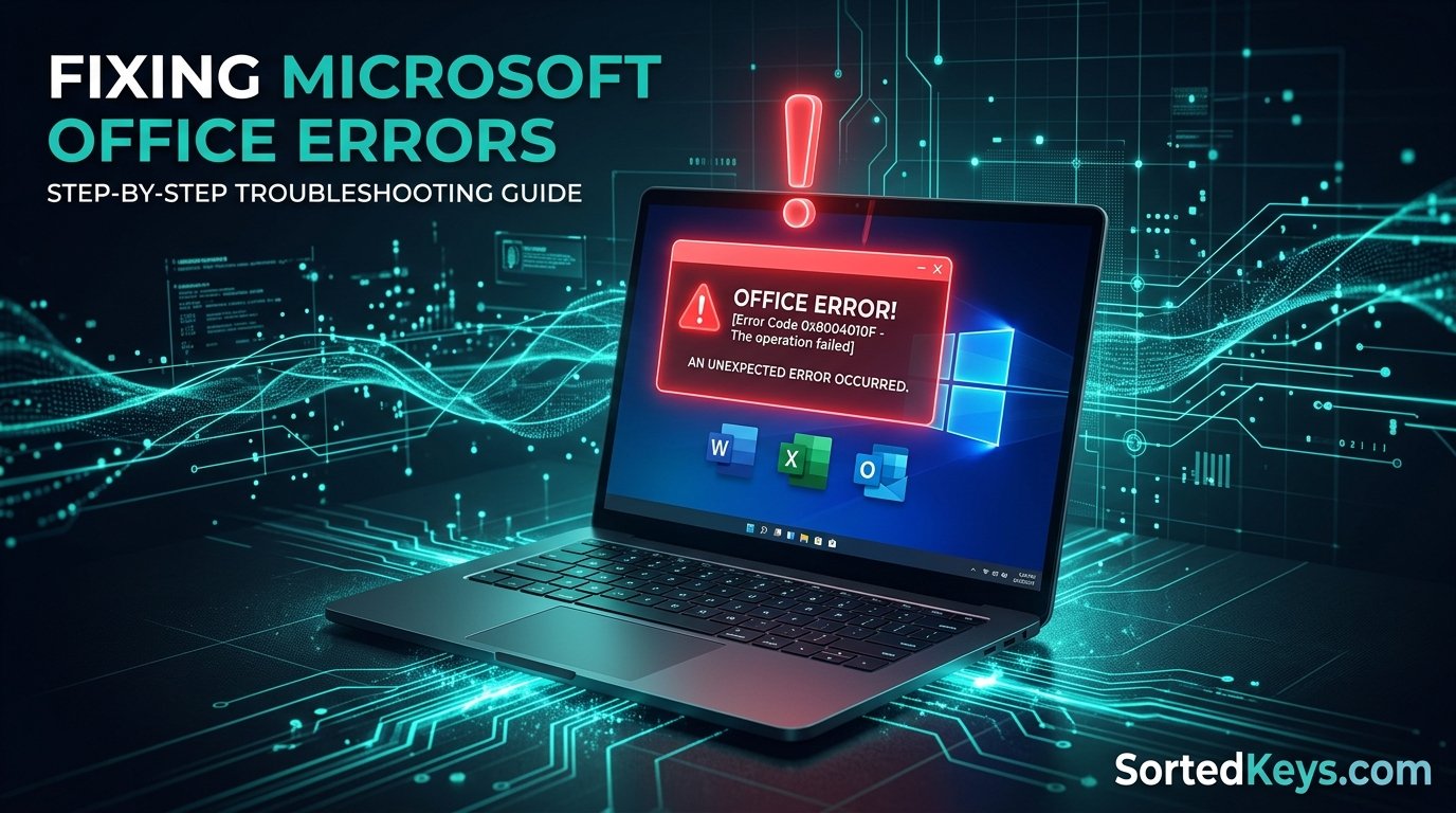 Red error banner hovering over a sleek laptop showing Microsoft Office icons, illustrating a product activation failed error.