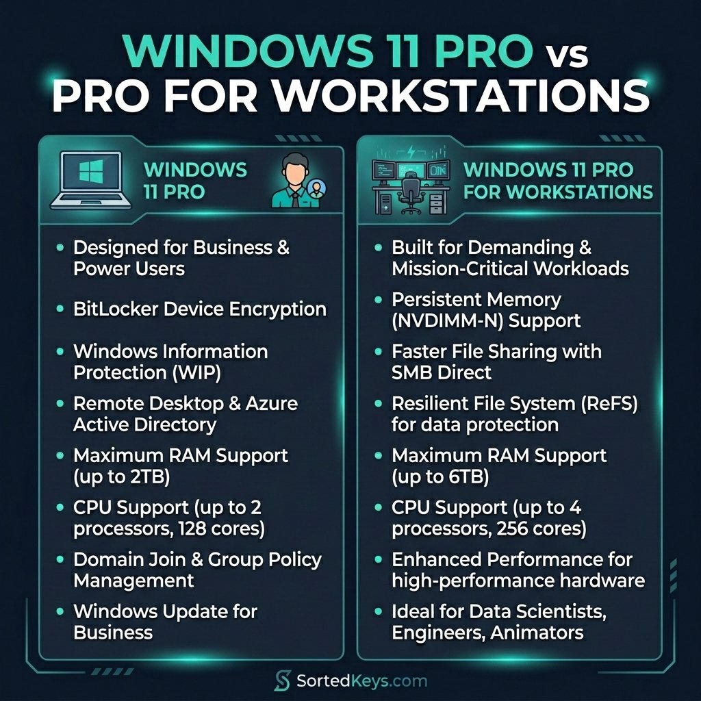 En moderne teknologisk sammenligningsgrafik, der viser Windows 11 Pro over for Pro for Workstations med SortedKeys branding.