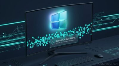 3D Windows 11 logo with a successful activation message on a computer monitor
