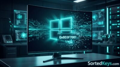 Logotipo 3D brilhante do Windows num monitor futurista com o código de erro 0x803F7001 a dissolver-se