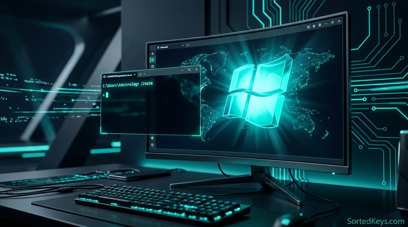 3D Windows-logo på en computerskærm med en kommandoprompt, der viser slmgr /rearm kommandoen