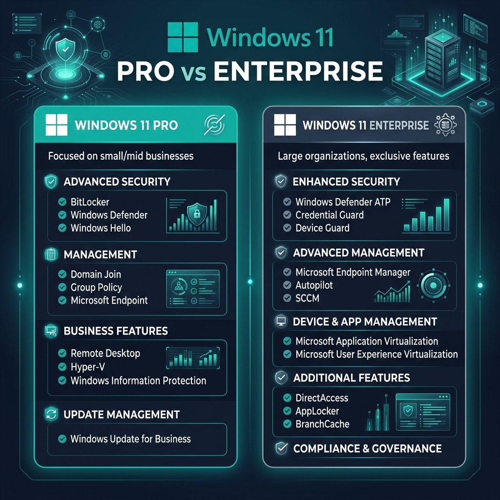 A sleek tech comparison graphic showing Windows 11 Pro vs Windows 11 Enterprise using Sorted Keys branding colors.