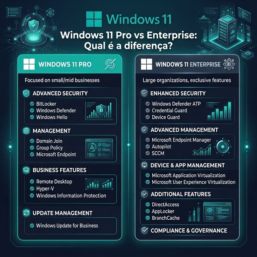 Um gráfico de comparação técnico e elegante mostrando o Windows 11 Pro vs Windows 11 Enterprise com as cores da marca Sorted Keys.