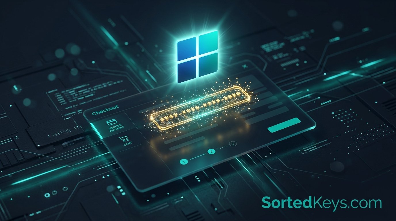 A glowing digital lock and Windows 11 license key on a dark background representing secure software purchases.
