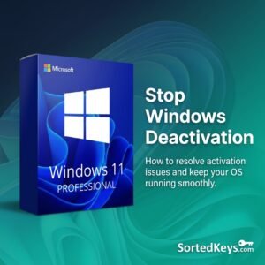Windows 11 Professional box with Stop Windows Deactivation text on deep slate and teal background