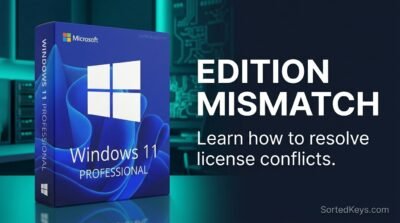 3D Windows 11 Professional software box next to bold text that says Edition Mismatch on a dark tech background.