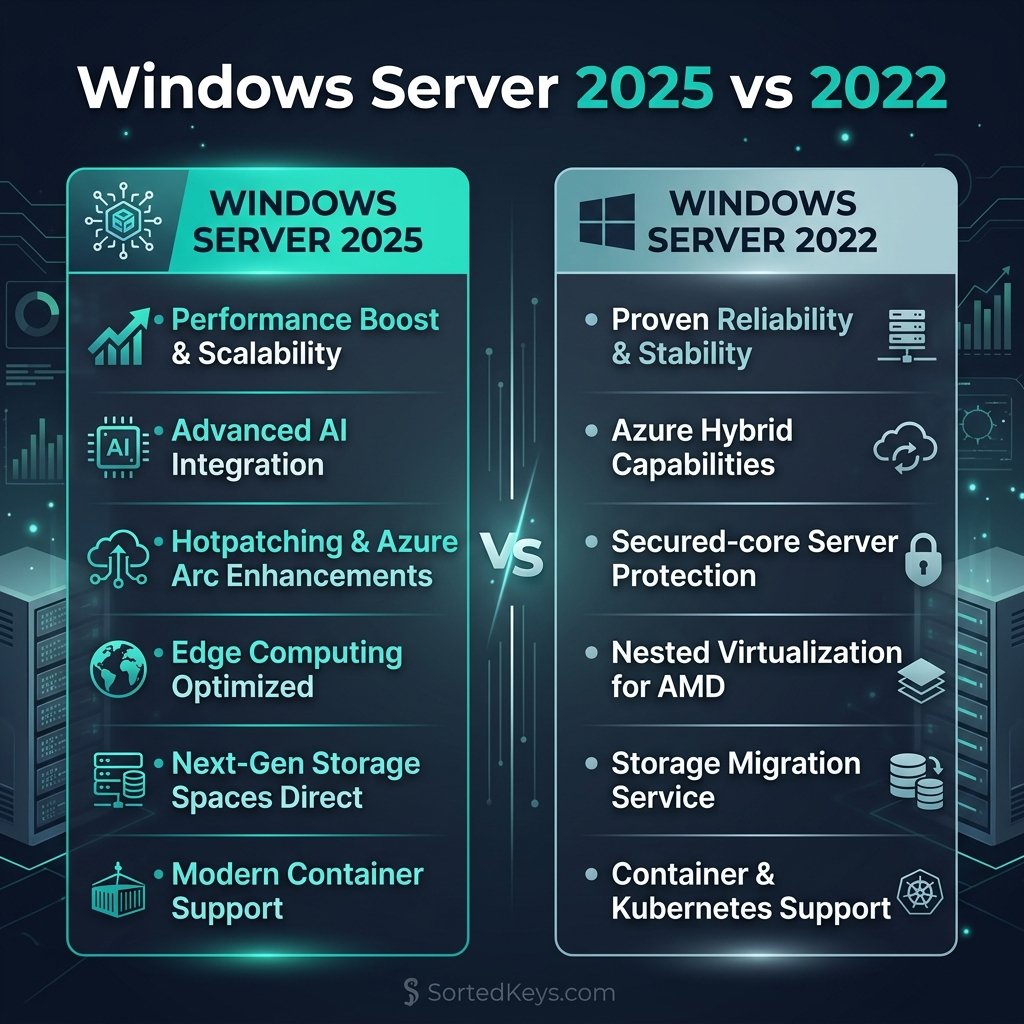 A sleek tech comparison graphic showing Windows Server 2025 versus Windows Server 2022, featuring the SortedKeys brand colors and watermark.