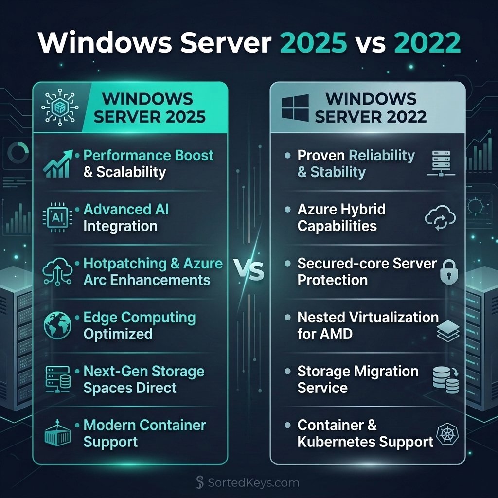 Um gráfico elegante de comparação técnica mostrando o Windows Server 2025 versus Windows Server 2022, com as cores da marca SortedKeys e marca de água.
