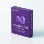 Microsoft Visual Studio 2026 Professional 3D isometric retail box packaging on clean light background